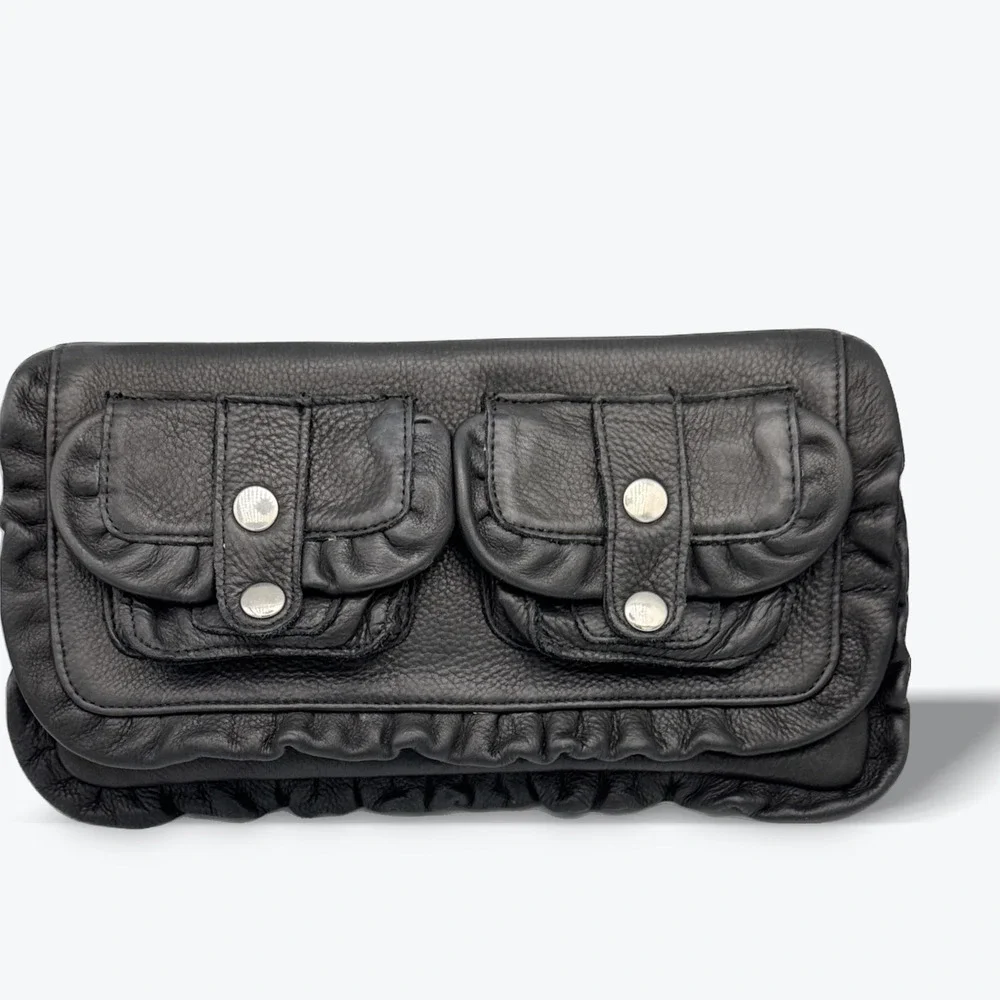Treesje Leather Flap Clutch 80s‎ Inspired Handbag Black Ruffle Evening Bag